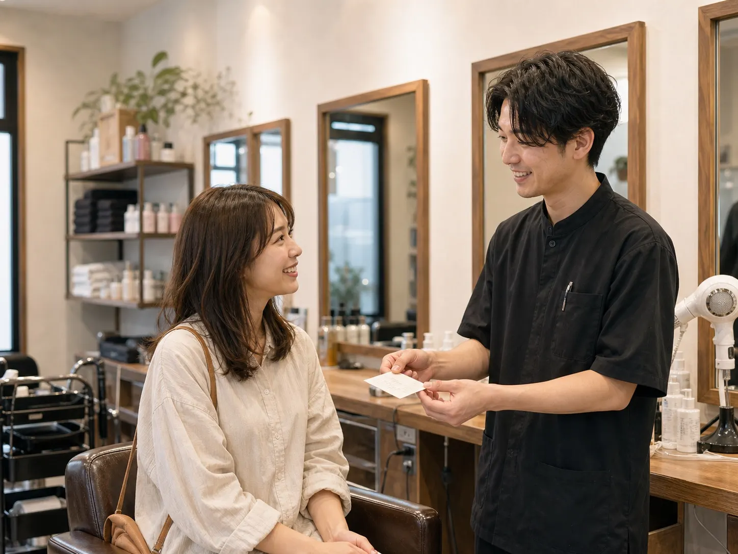 美容室のカウンターで次回来店の案内カードを手渡す場面