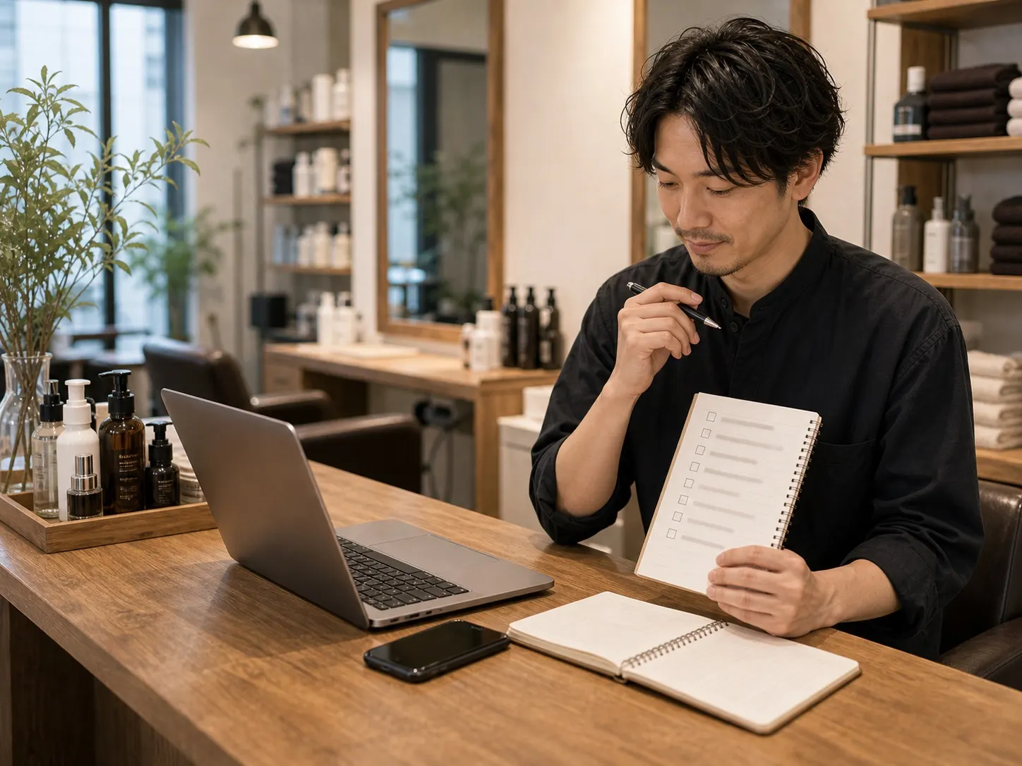 制作前に予約サイトやSNSを確認している場面