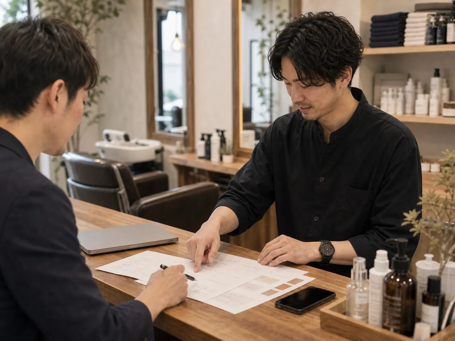 相談で予約までの流れを確認している場面