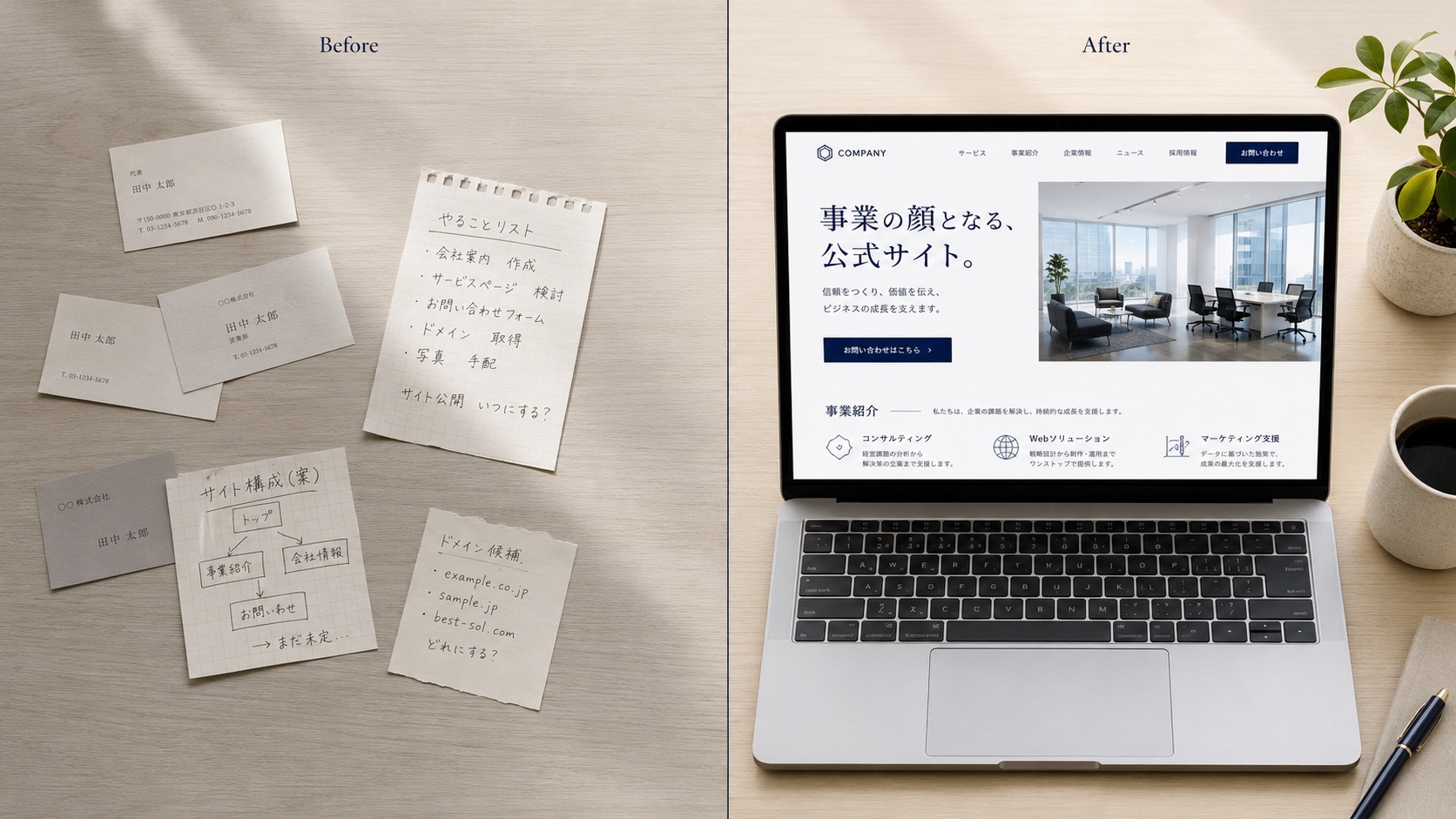 紙の名刺やメモだけの状態（Before）から、公開されたコーポレートサイト（After）への変化