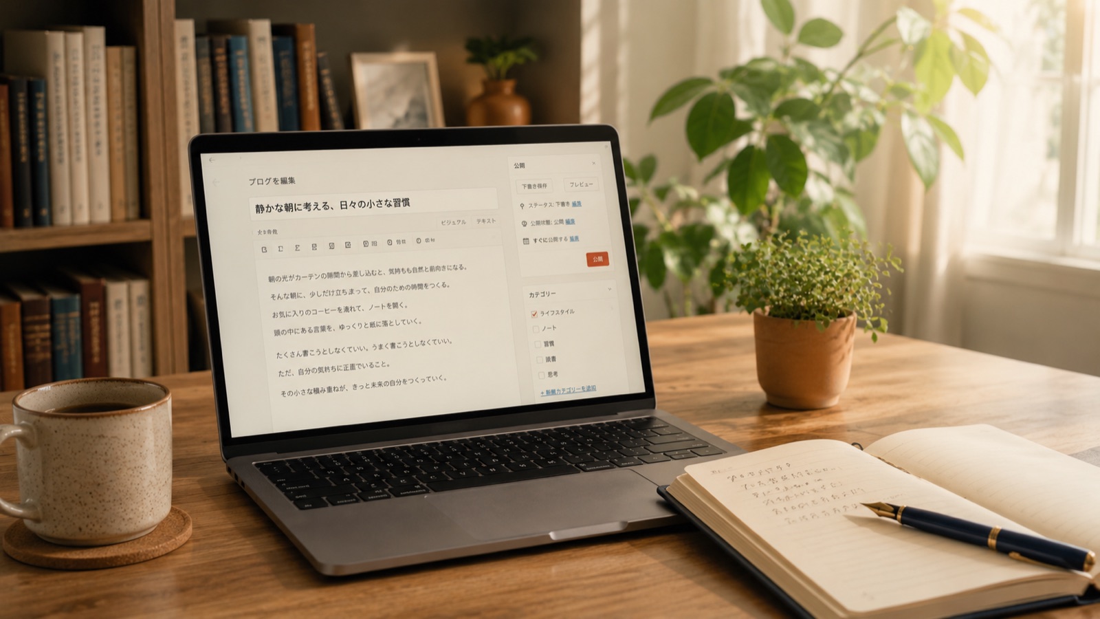 ブログ記事を執筆しているノートパソコンと万年筆